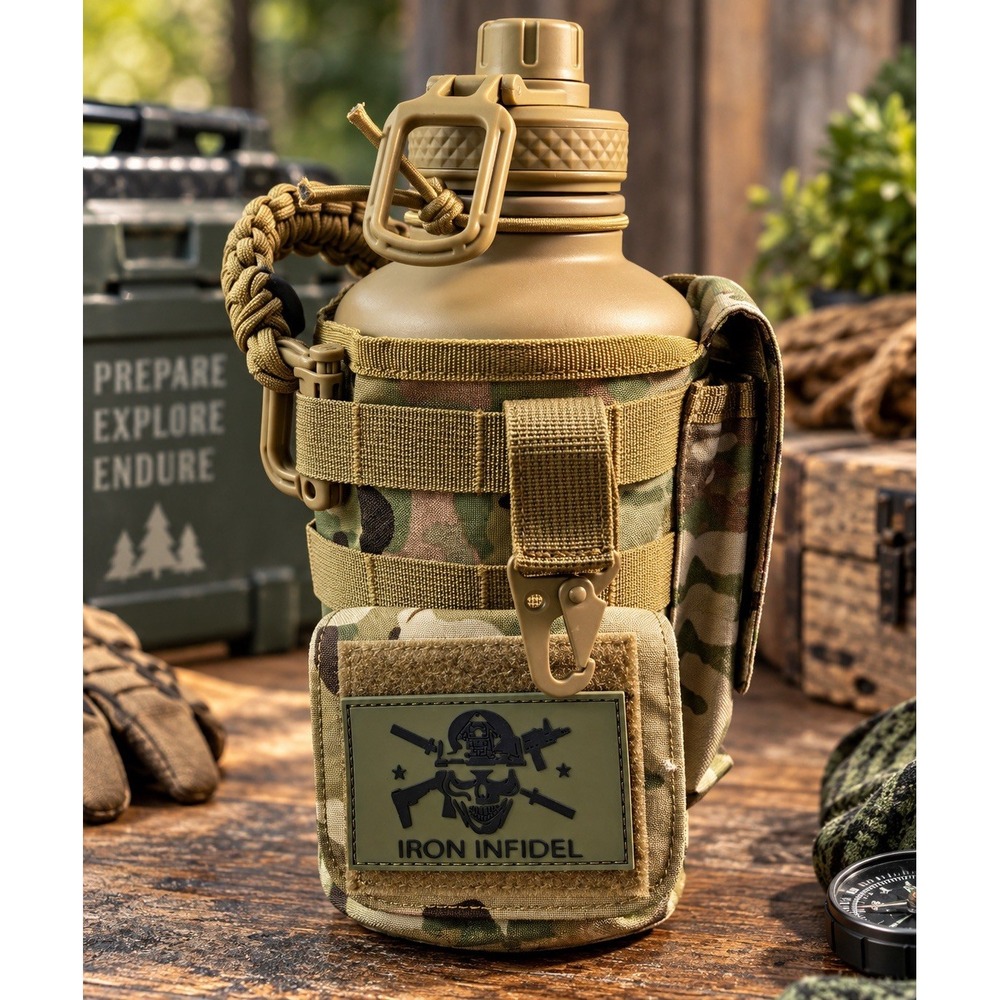 Iron Infidel 64oz Battle Bottle OCP Camo MOLLE Tactical Jug Paracord Handle